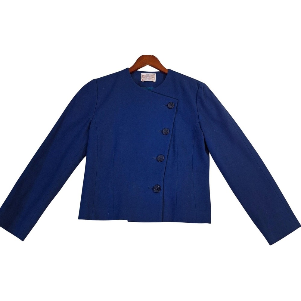 Vintage Pendleton Jacket Womens Petite M Wool Blue Asymmetrical Made USA 90s